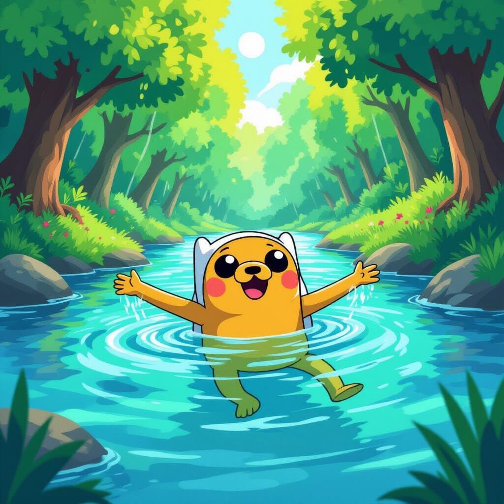 Finn the Human Swimming Joyfully in a Sunlit River
