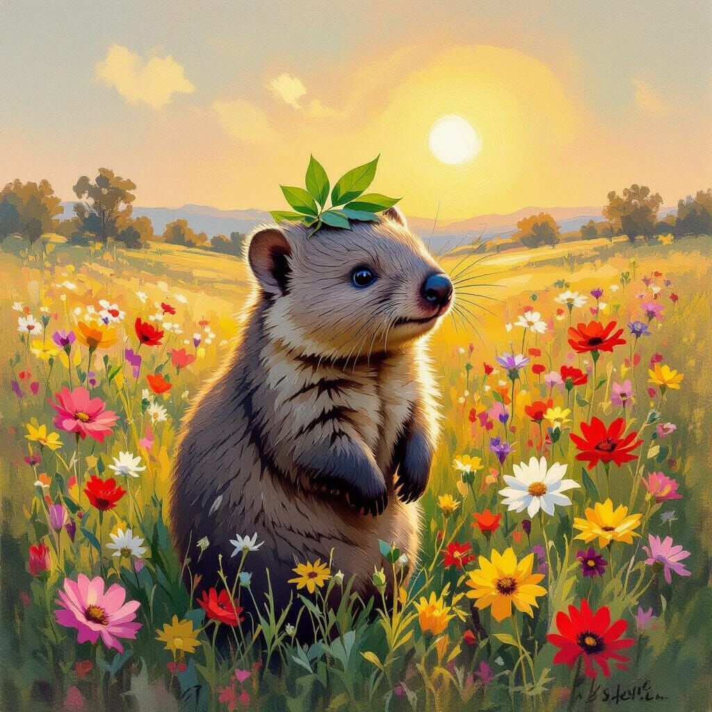 Wombat in Flower Meadow Inspired by Impressionism