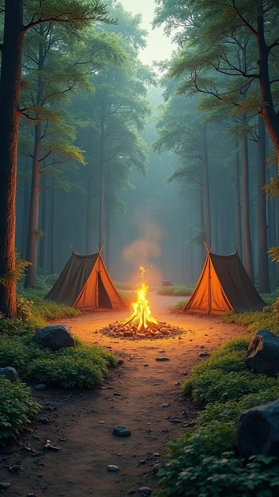 Mystical Forest Clearing with Campfire in Hyperrealism