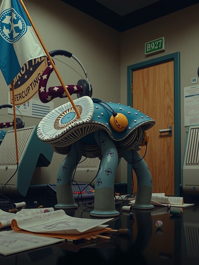 Bureaucratic Fungal Forms Rise Amidst Office Machines in Vib...