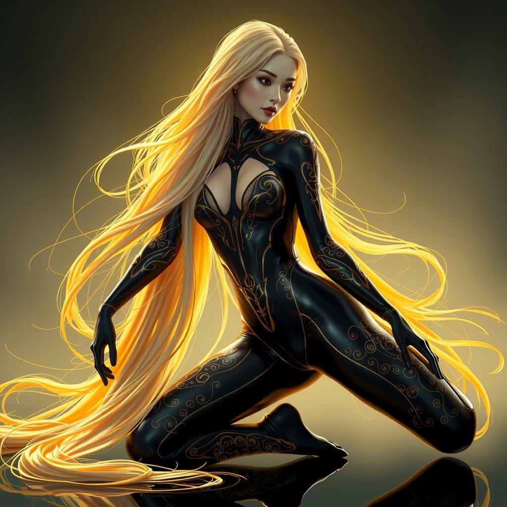 Ethereal Asian Goddess in Shimmering Latex Catsuit