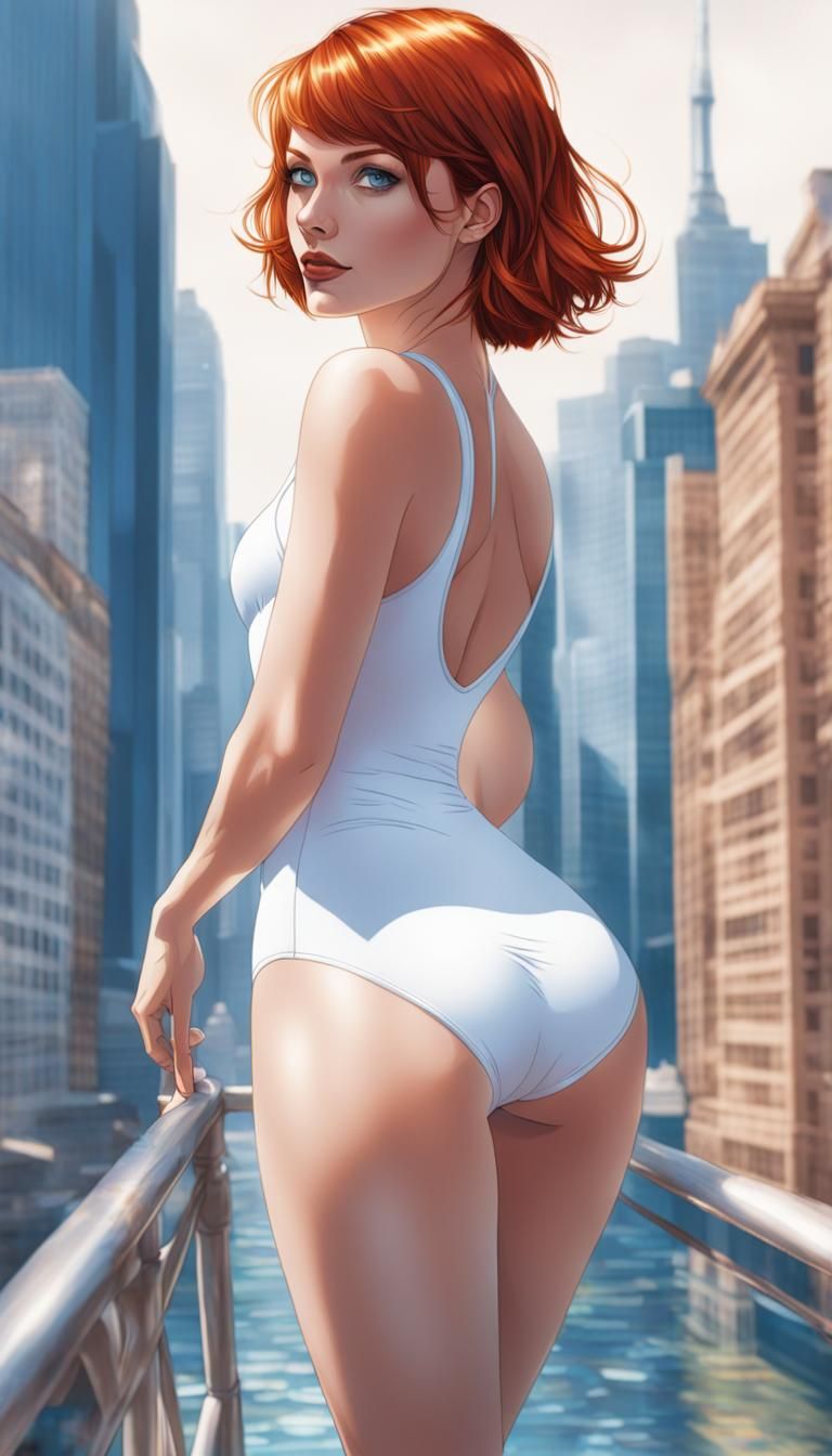 Redhead in White Swimsuit: Comic Book Art