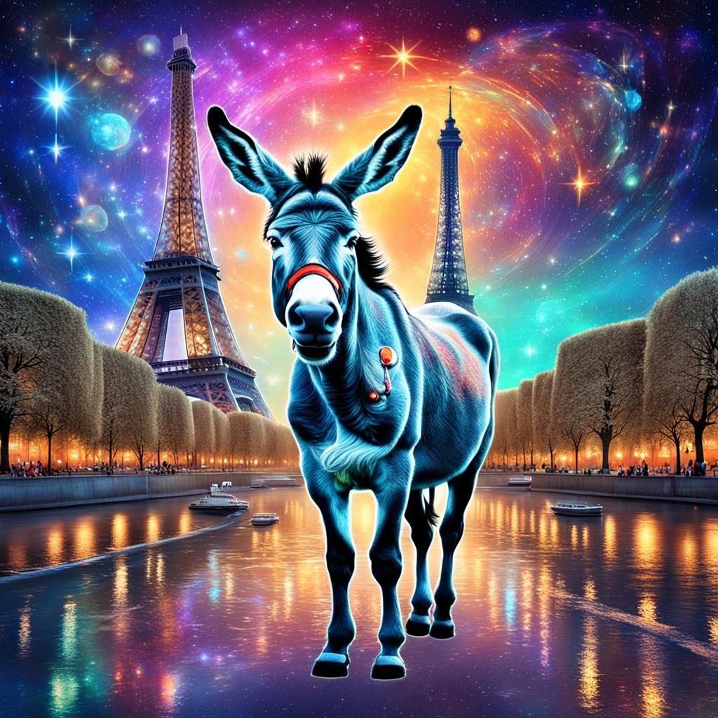 Funny Donkey in Paris: Cosmic Holographic Illustration