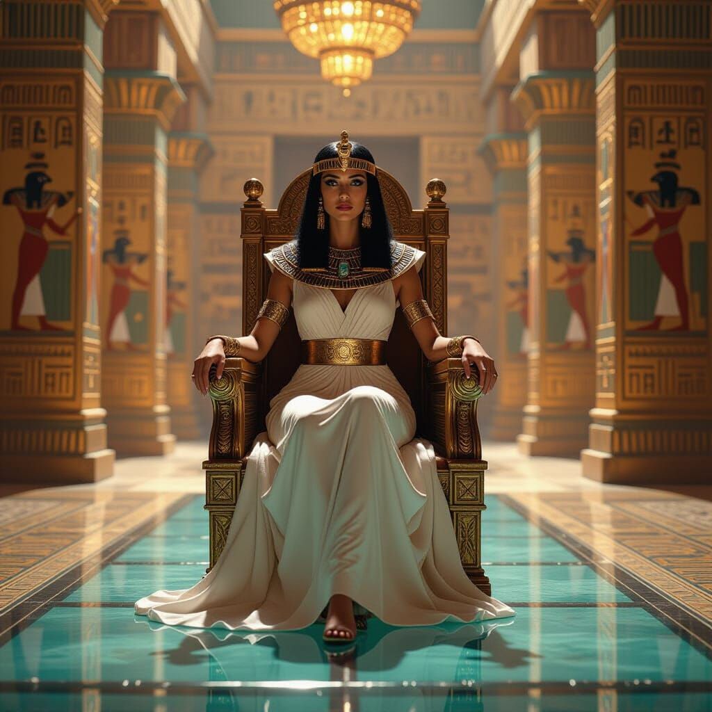Cleopatra with Snake Crown Rises in Egyptian Palace