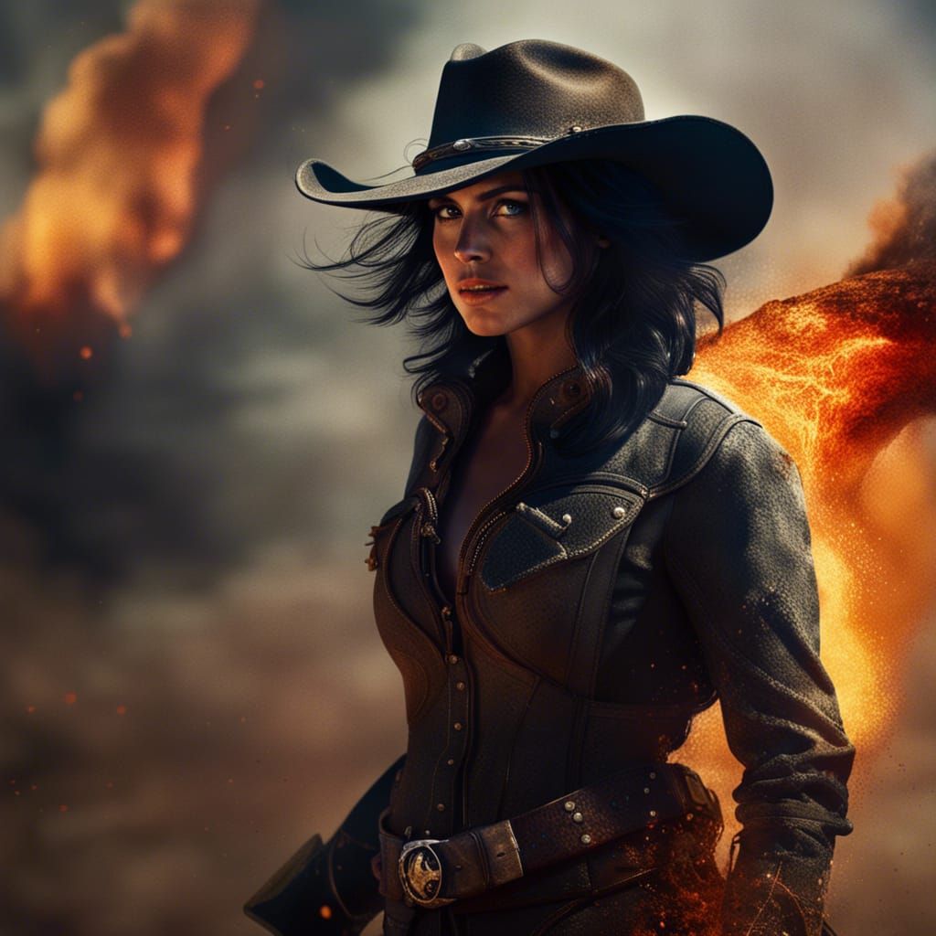 Cowgirl in Burning Fire: Dramatic Portrait