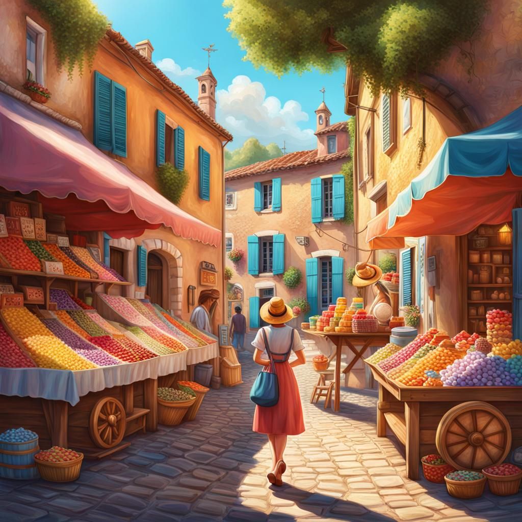Provence Market Scene in Candy Art Style