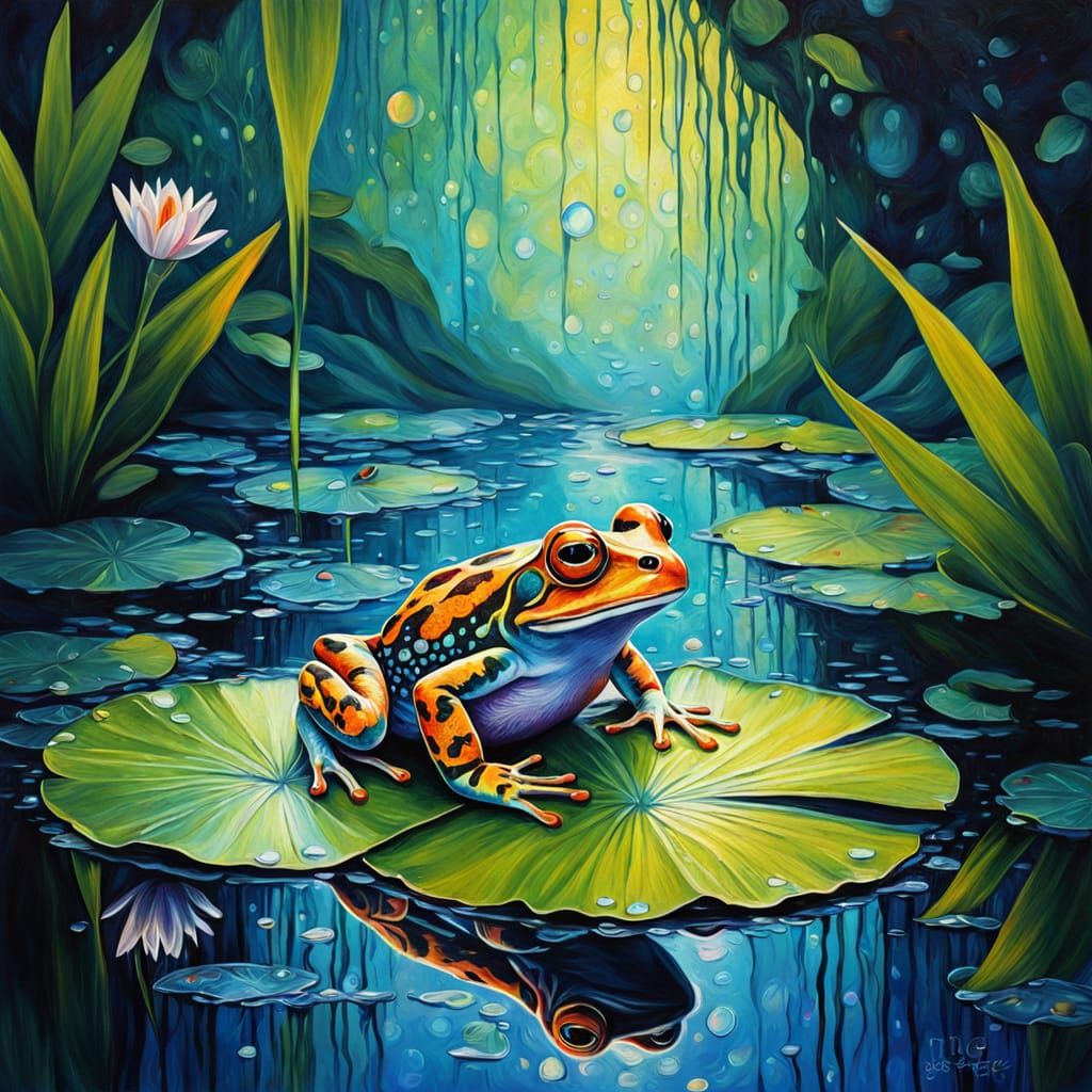 Bioluminescent Frog in Hidden Grotto: Impasto Oil Painting