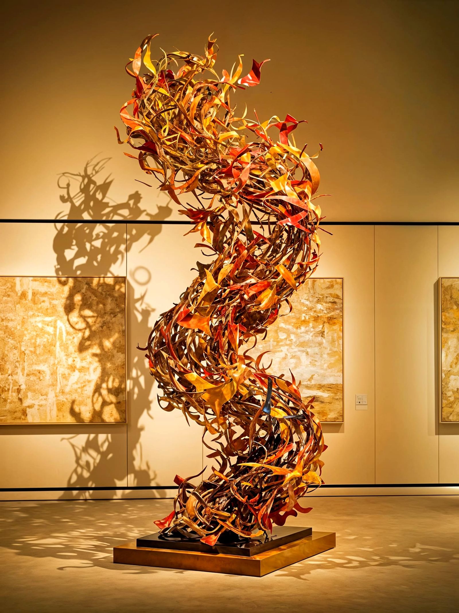 Vibrant Metal Form Sculpture in a Golden Showroom