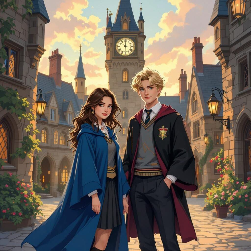 Hogwarts Students in Clocktower Courtyard, Whimsical Art