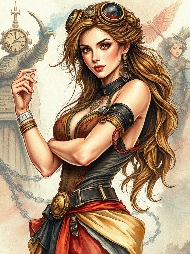 Ravishing Steampunk Woman in Watercolor Masterwork Style