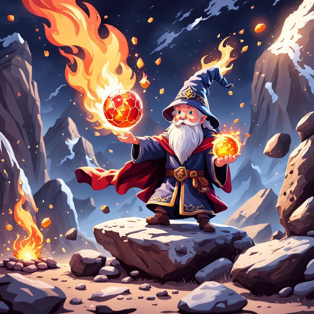 Charming Wizard Conjures Fireball at Stone