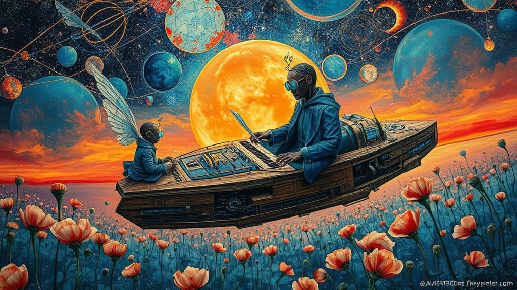 Spaceship Sails Through Glass Galaxy Amidst Sunset, Crafted ...