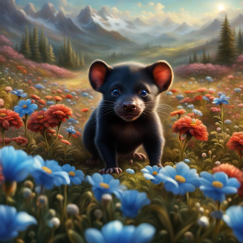 Baby Tasmanian Devil in Flower Field Painting