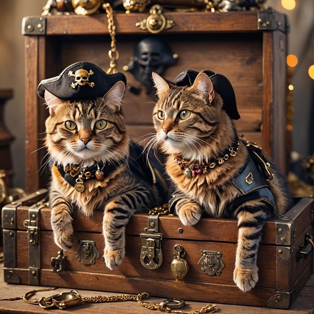 Pirate Tabby Cats on Treasure Chest in Golden Light