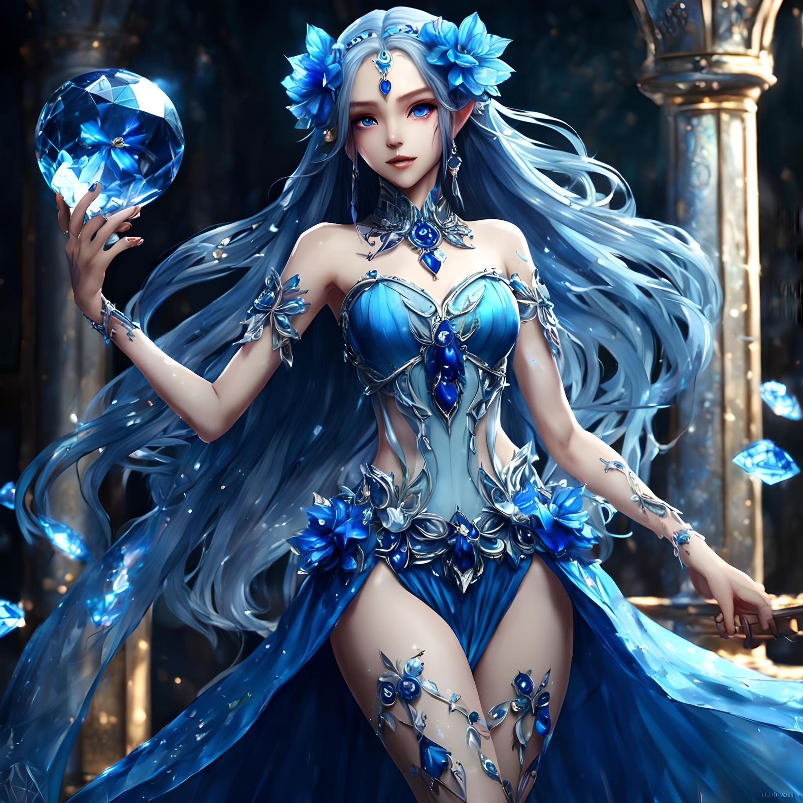 Elven Goddess with Sapphire Eyes in Anime Style