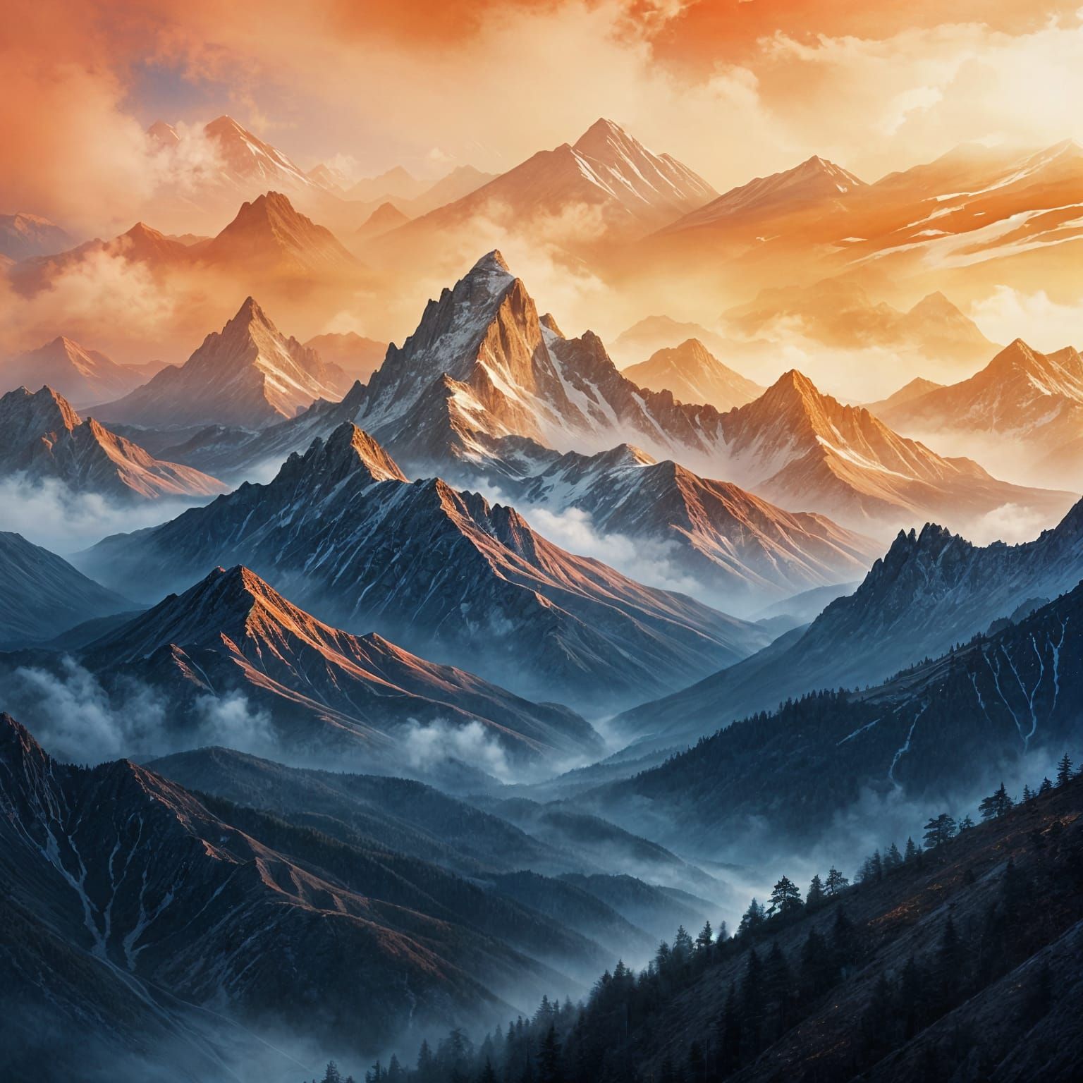 Watercolor Mountain Range with Flowing Ridges