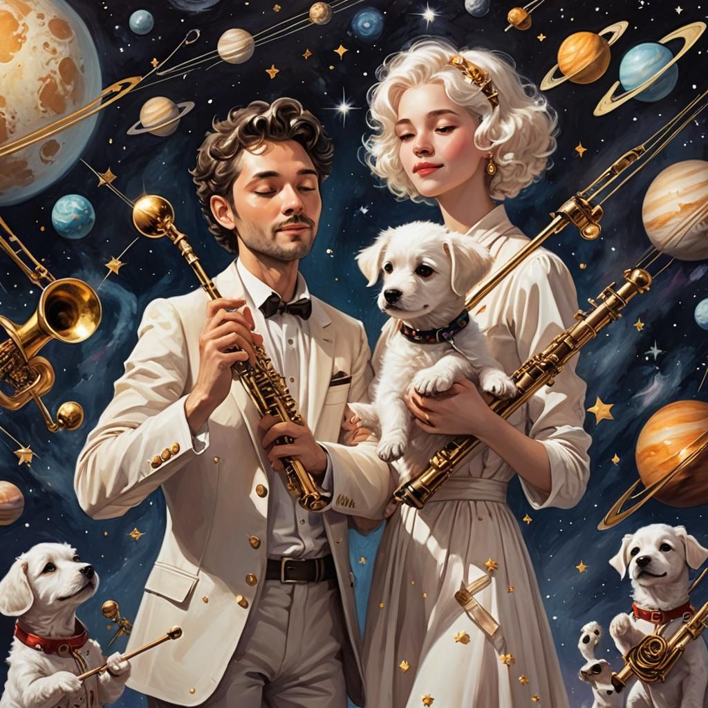 Handsome Man and Girl Sing in Space