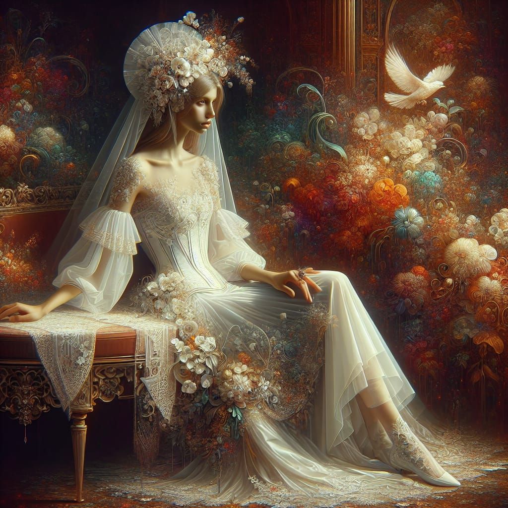 Elegant Woman in White, Digital Painting with Fantasy Twist