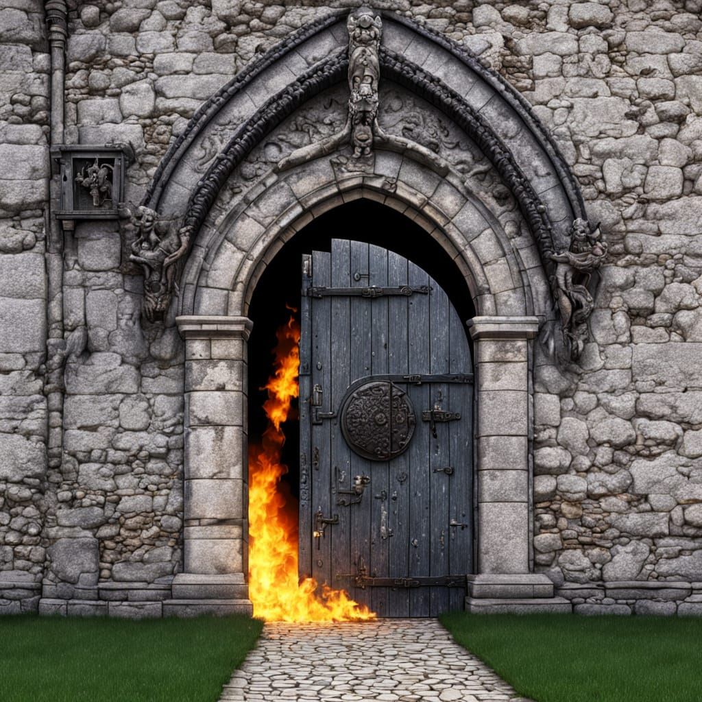 Medieval Modern Doorway in Ruins with Dragon Conflagration