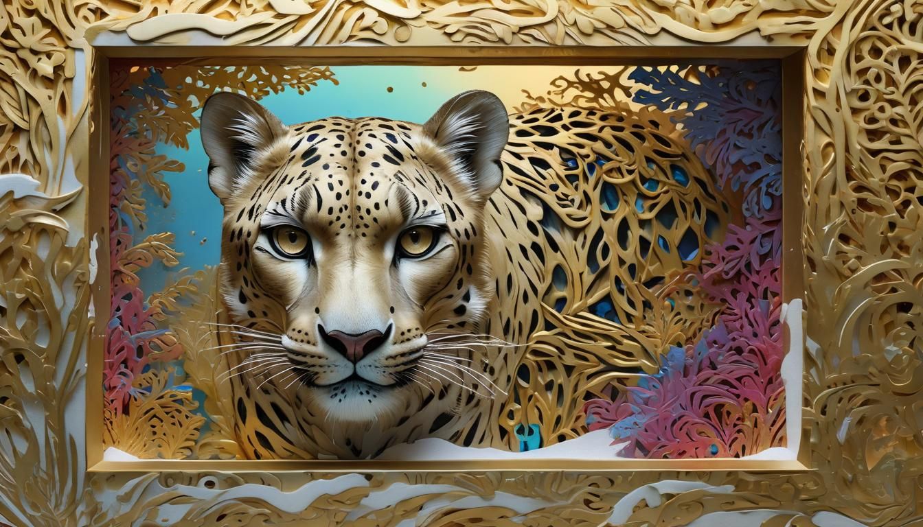 Snow Leopard Carving in Golden Box, Lacquer Art