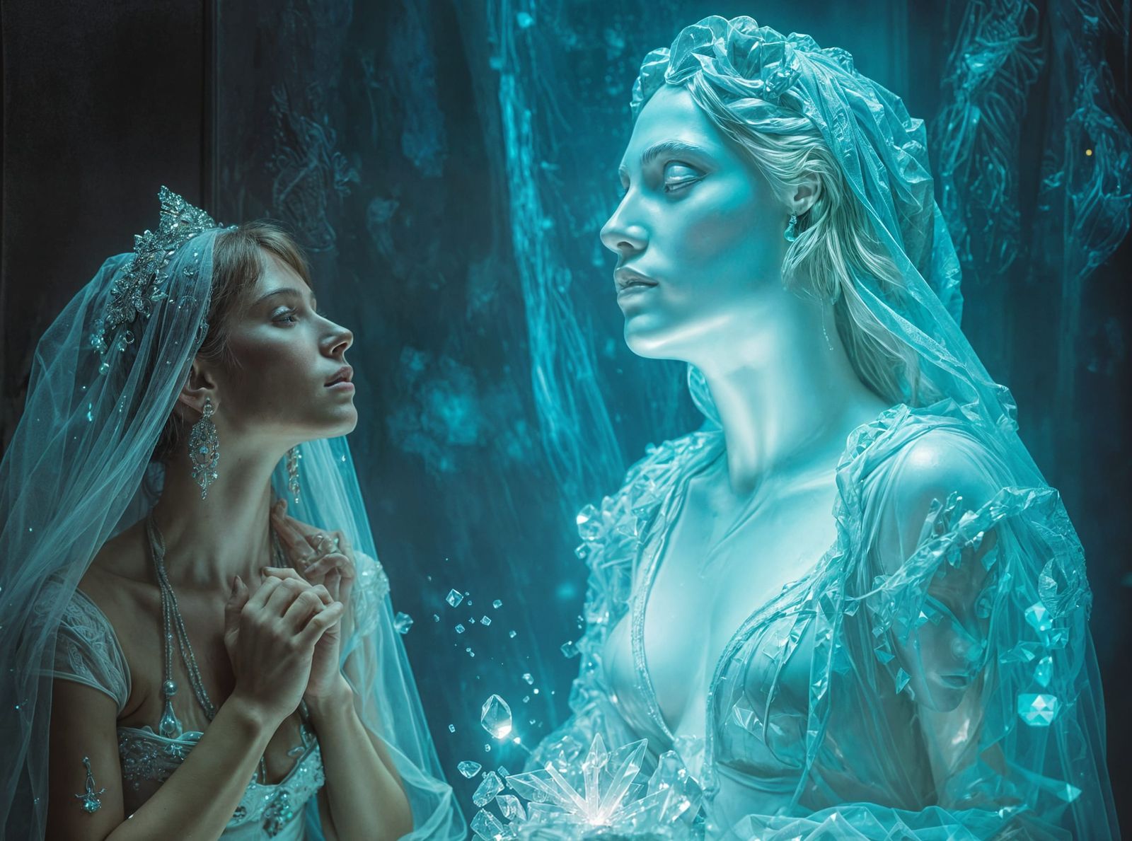 Woman Kneels Before Crystal Blue Statue of Peace