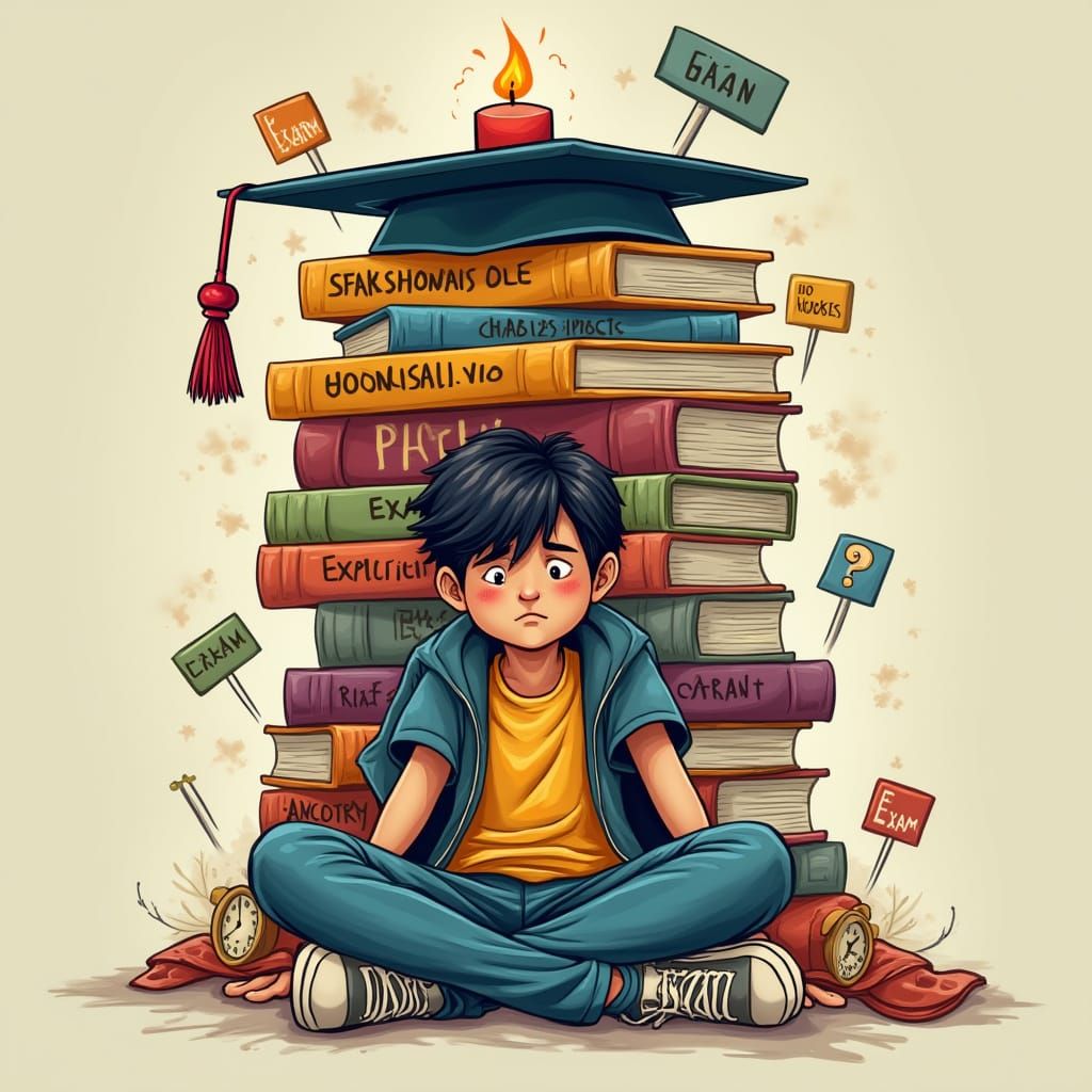 Student Overwhelmed by Academic Pressure in a Whimsical, Sym...