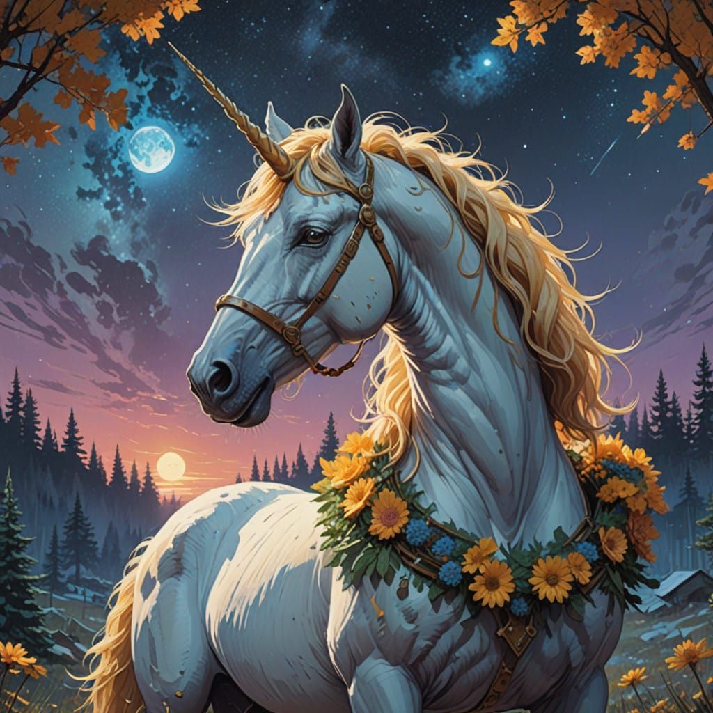 Regal Unicorn in Whimsical Botanical Illustration Style