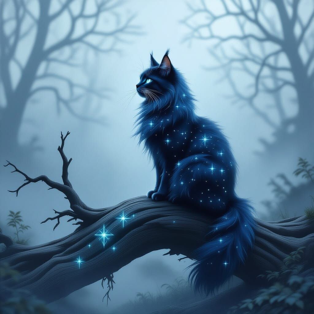 Ethereal Star Cat in Misty Magical Forest