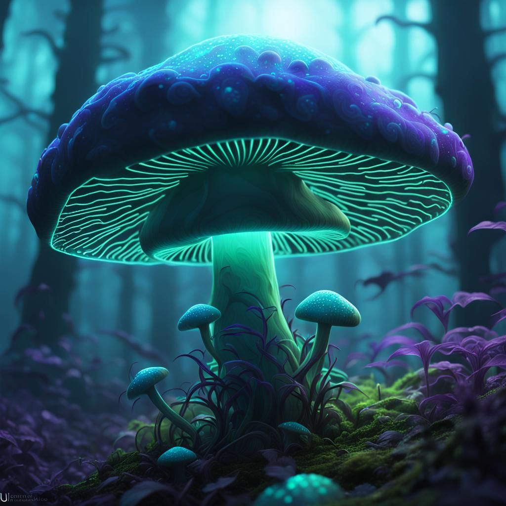 Luminescent Mushroom in Misty Dark Fantasy Forest