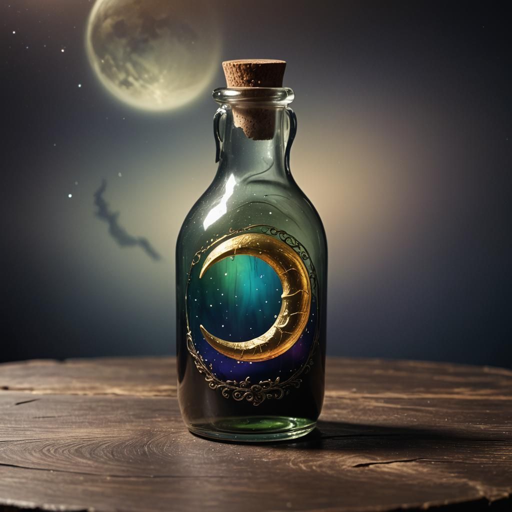 Glowing Crescent Moon Inside Mystical Glass Bottle