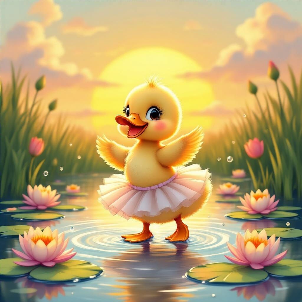 Dancing Duckling in Ghibli-Inspired Cartoon Sunset