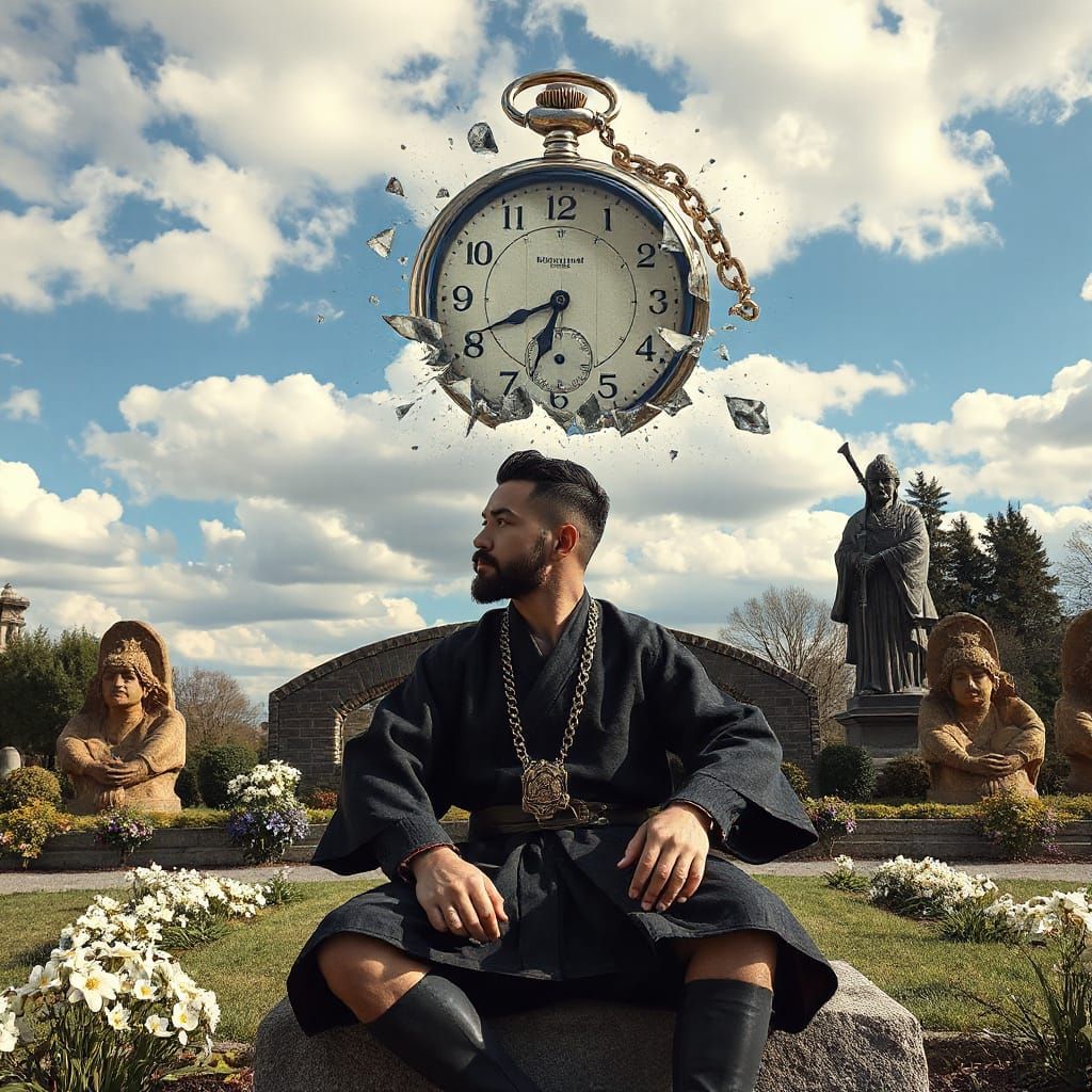 Samurai in Gothic Garden Amidst Spectral Watch