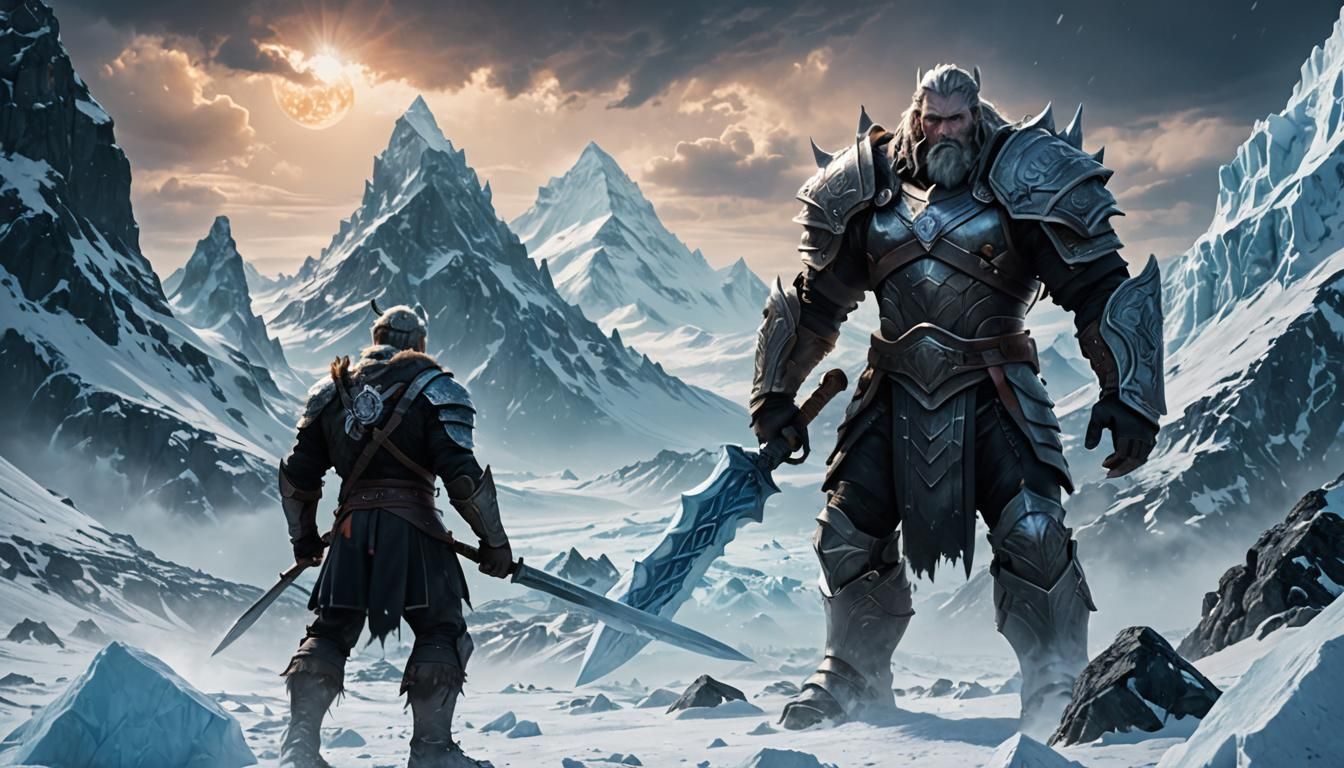 Nordic Warrior Faces Ice Giant in Snowy Mountains