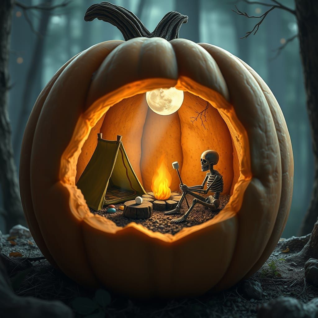 Medium shot. A creepy campsite set up inside a hollowed-out pumpkin, complete with a tiny tent, miniature campfire, and ...