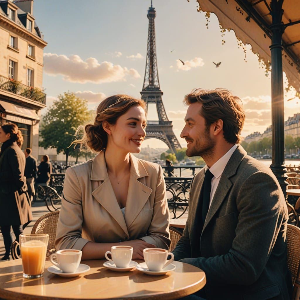 Romantic Parisian Café Scene in Watercolour Style