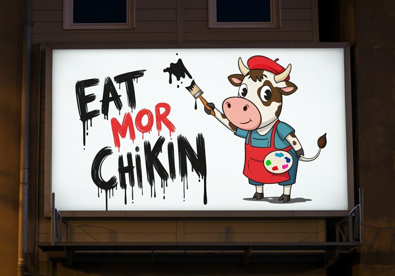 Cartoon Cow Painter Creates Humorous Billboard