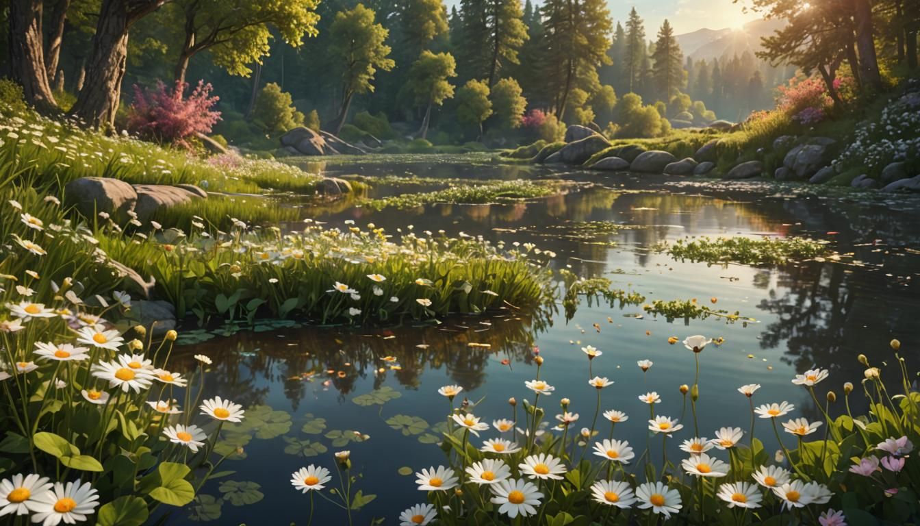 Lush Riverbank with Flowers: A Fantasy Landscape