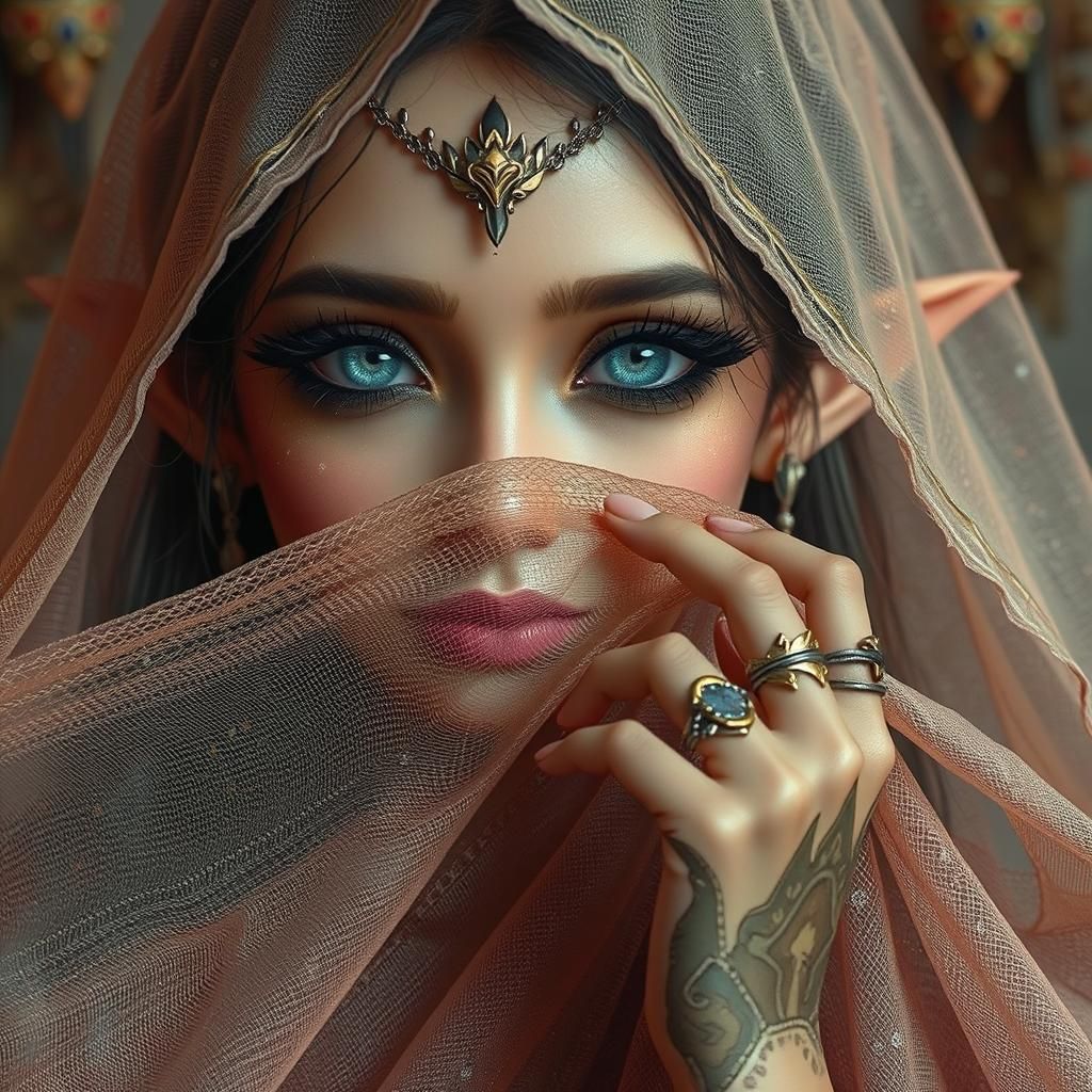 Elven Princess with Ice-Gray Eyes Behind Veil