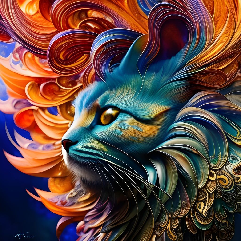 Fluffy Teal Chibi Cat Portrait in Detailed Gouache Style