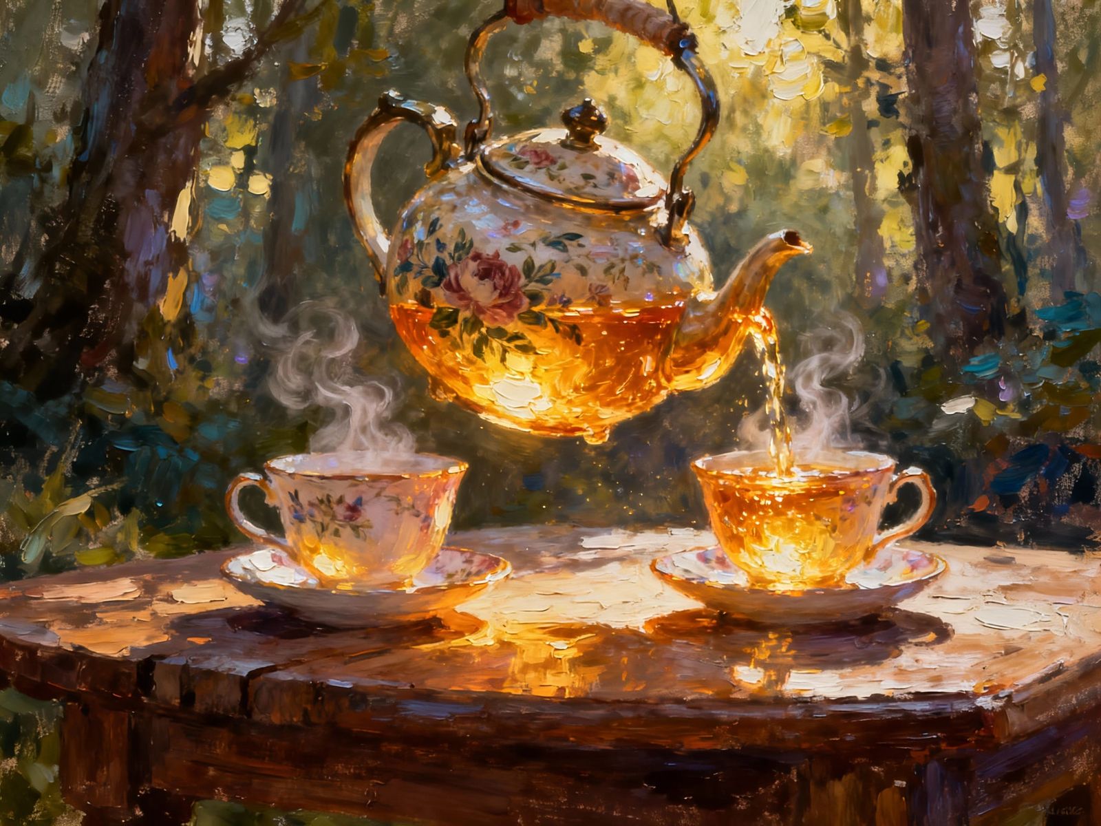 Magical Teapot Pours Glowing Tea in Impasto Style
