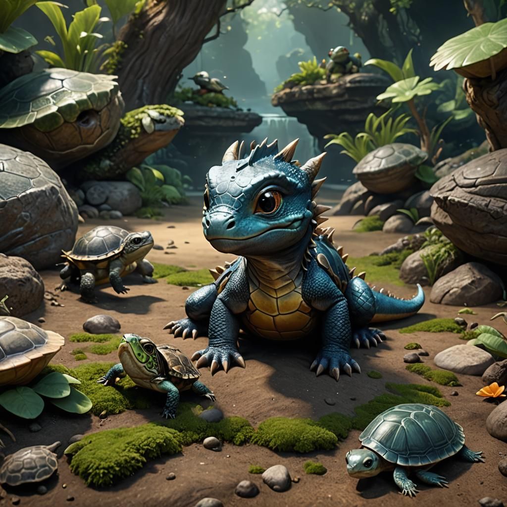 Baby Dragon and Turtle Playtime: Fantasy Concept Art