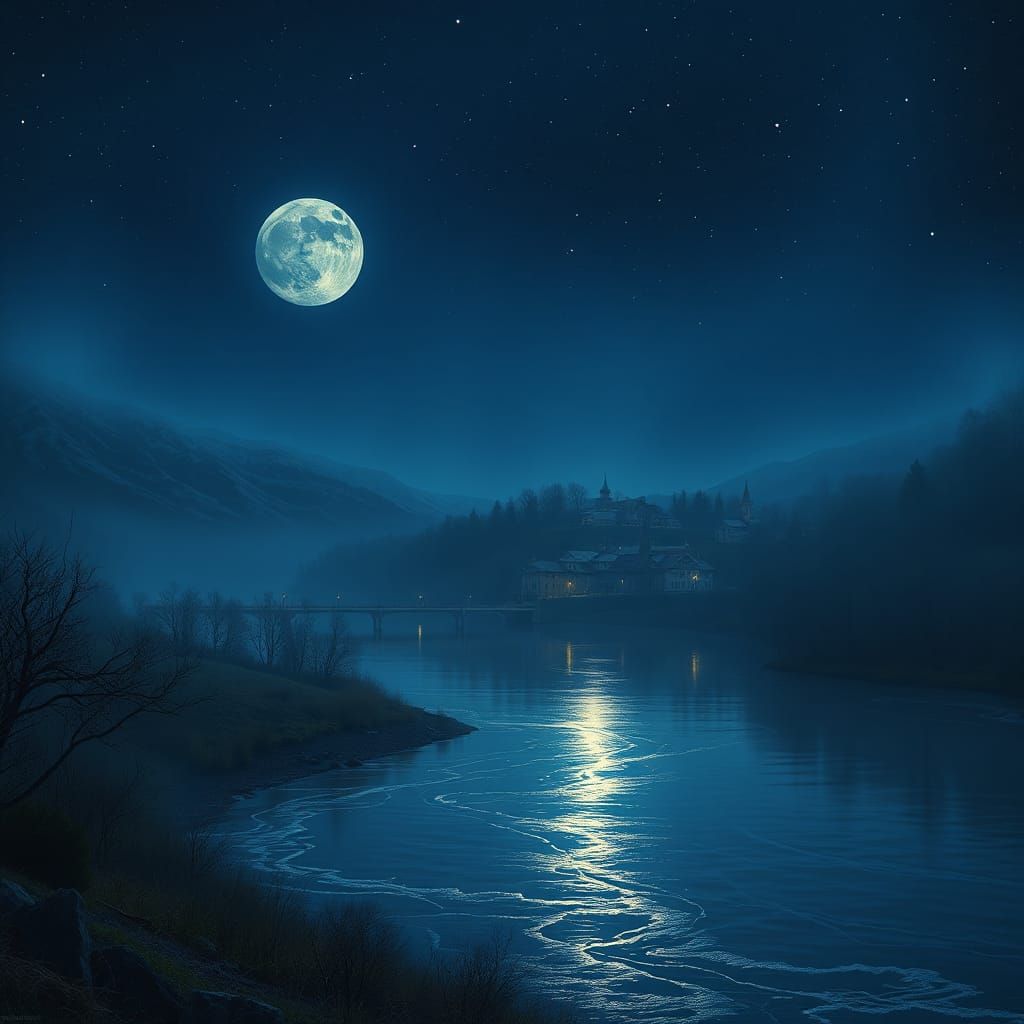 Moonlit River Village Under Starry Sky