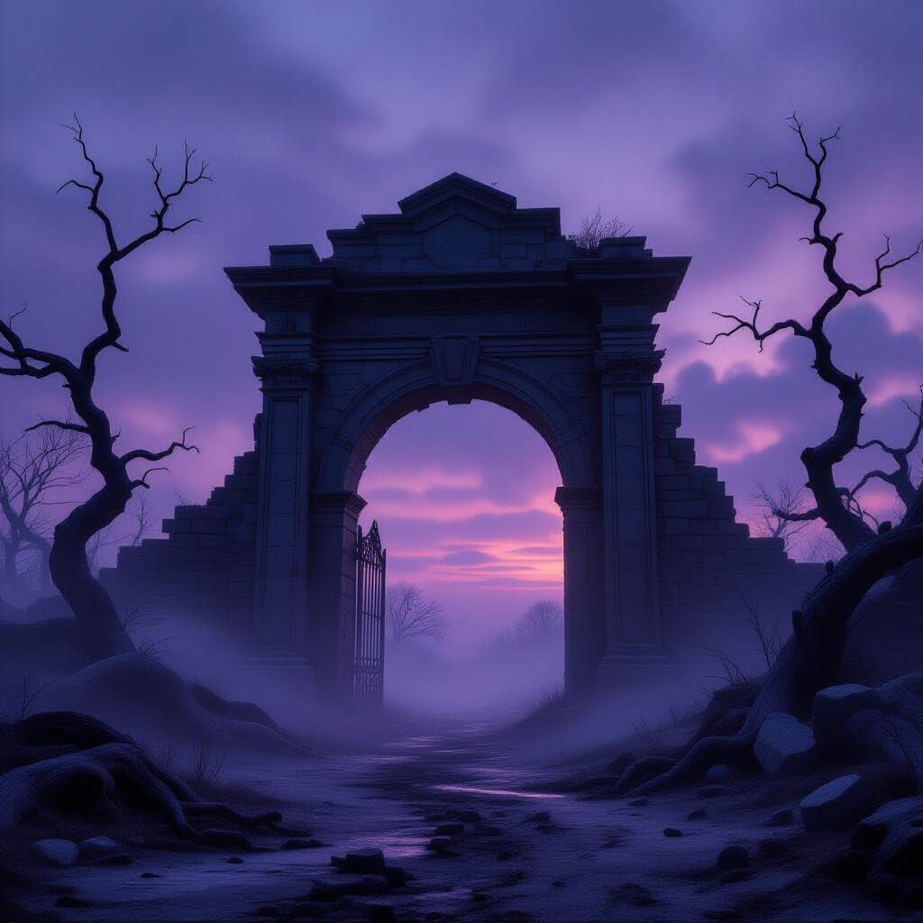 A colossal, ancient gate stands ajar, leading into an endles...