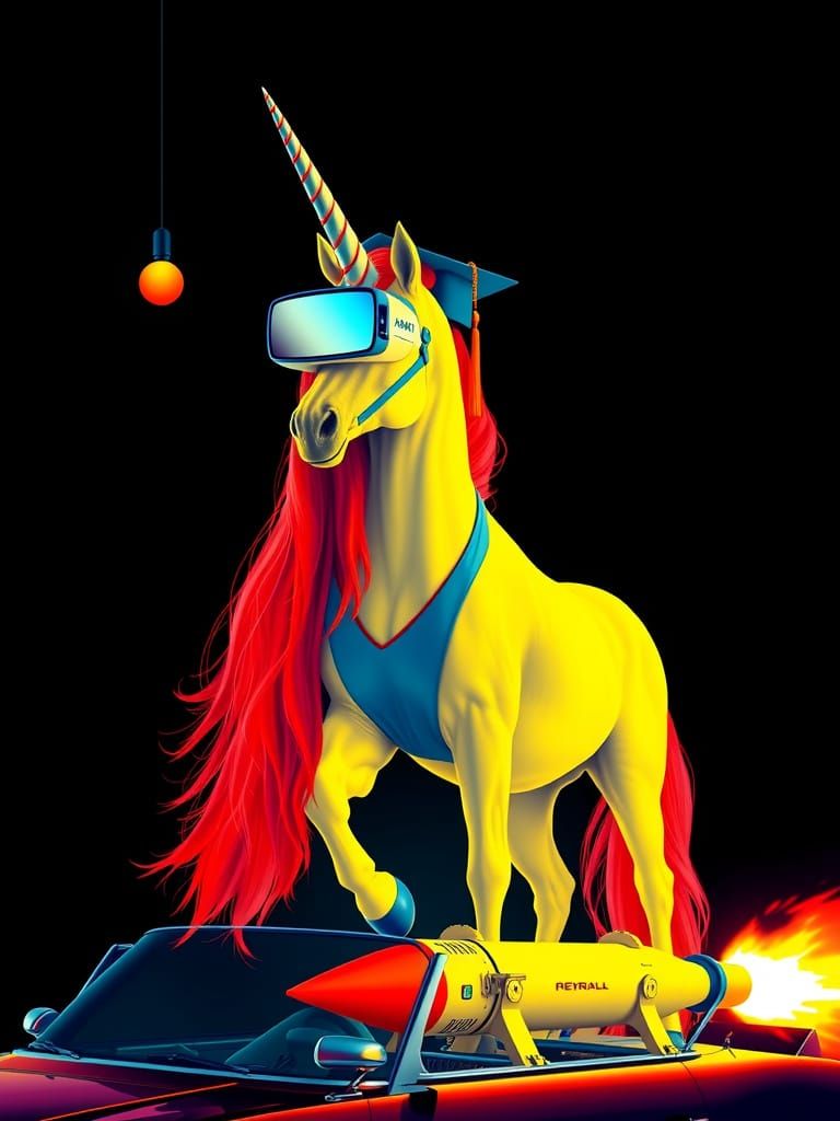 Surreal Unicorn on Rocket Car in Lichtenstein Style