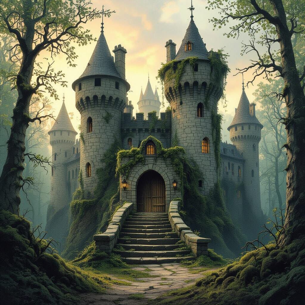Mediaeval Castle in Forest Ruins, Dark Fantasy Art