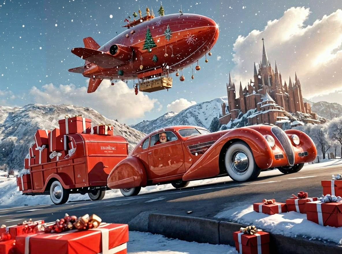 Festive Christmas Blimp with Santa Delivering Gifts