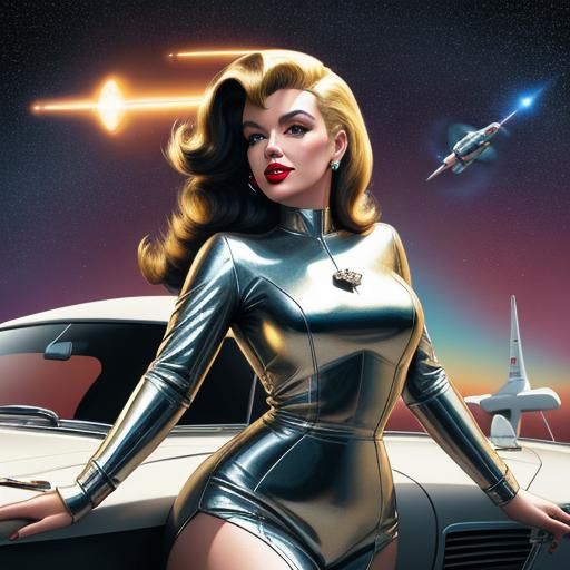 Retro-Futuristic Pin-Up Girl on Rocket Ship