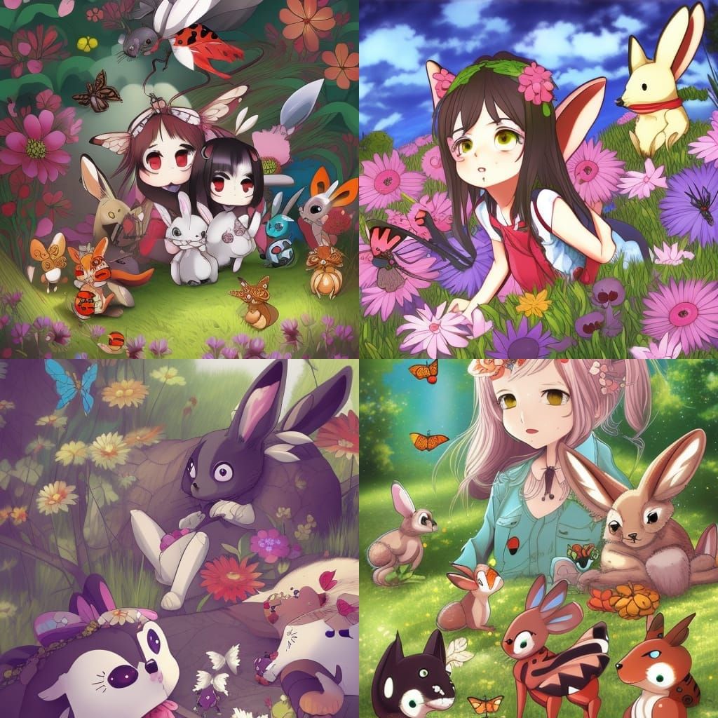 cartoon, adorable insects, ladybugs, butterflies, surrounding bunnies, wolves, foxes, flowers