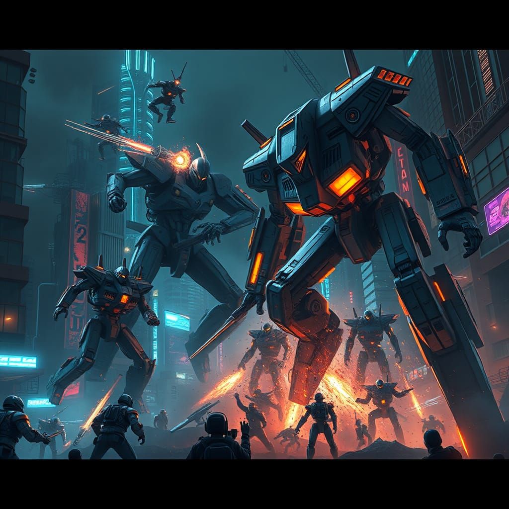 Cyberpunk Mecha Battle in Dystopian Cityscape