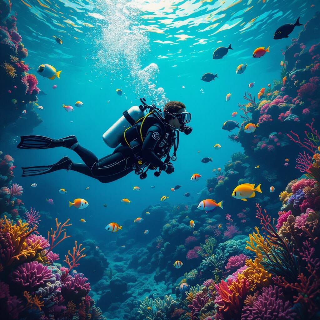 Underwater Diver Among Colorful Coral, Matte Painting Style
